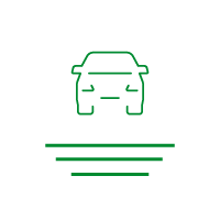 Green outline of a car above three horizontal lines on a black background.