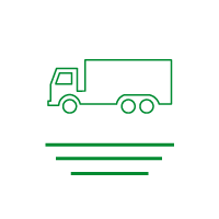Green outline icon of a delivery truck over three green lines, symbolizing a road or shipping.