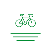 Green line art icon of a road bicycle over three horizontal lines on a black background.