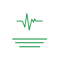 Green heartbeat waveform over green ground lines on a black background.