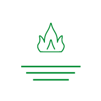 Green outline icon of a flame over several horizontal lines on a black background.