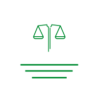 Green line art of a scale of justice above three horizontal lines, all on a black background.